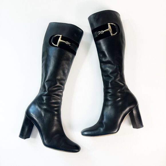 Gucci Shoes - GUCCI Hasler Horsebit Black Leather Boot Size 39.5 US 9.5 Heeled Knee Square Toe